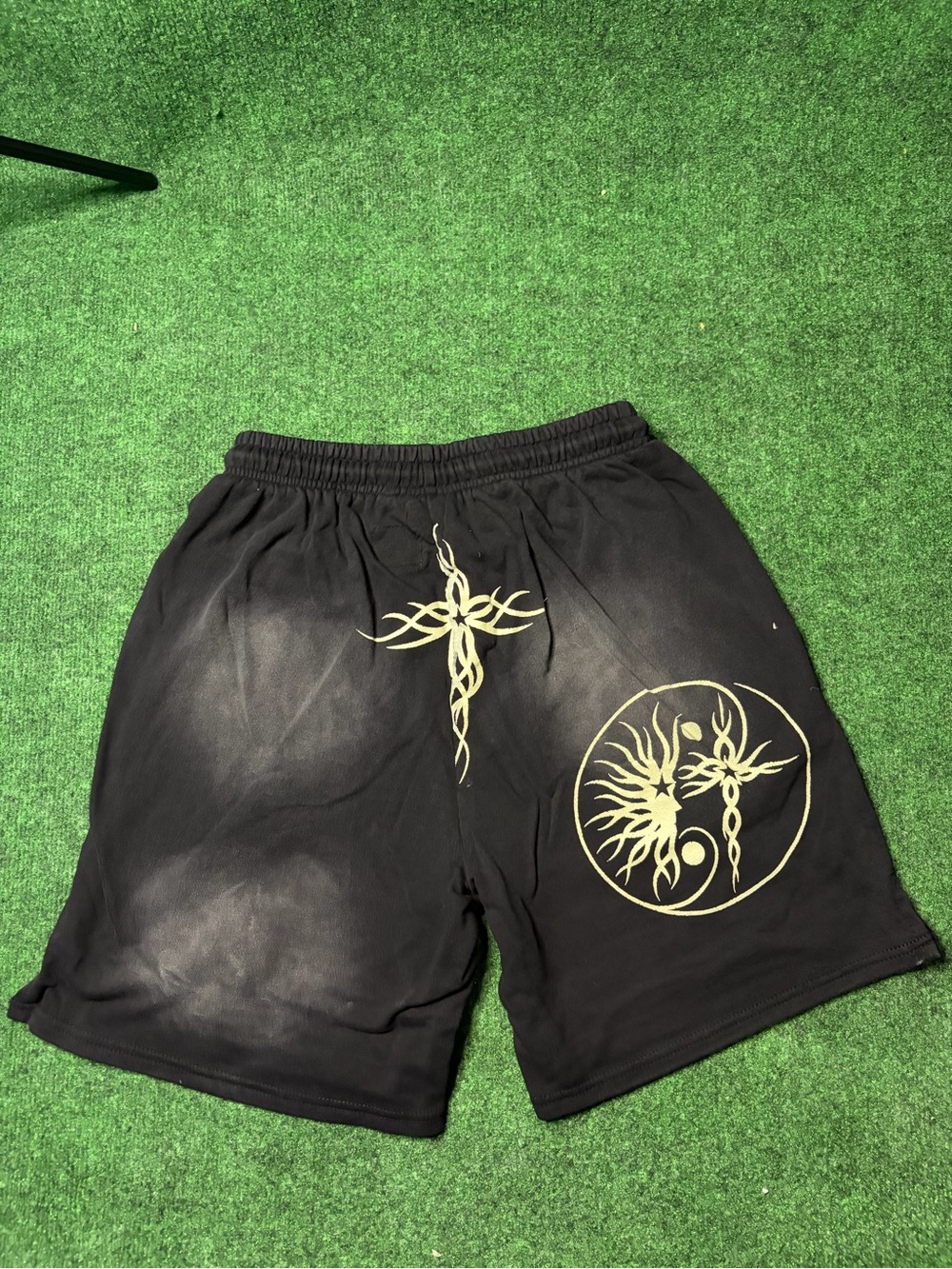 Black Athletic Shorts with Gold Tribal Sun Print - Picture 2 of 2